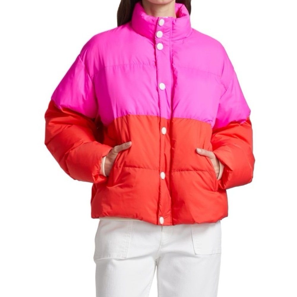 NWT MOTHER The Drop Pillow Talk Quilted Puffer Jacket Pink Red Small